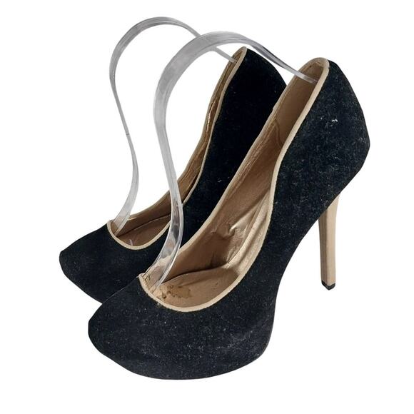 QUPID! BLACK VELVETEEN & TAN VEGAN SUEDE STILETTO PLATFORM HEELS, PUMPS! SZ 8.5M - Picture 1 of 14